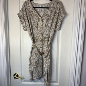 Pineapple Print Belted Shirt Dress Tan Cream Tropical Summer L Travel Vacation